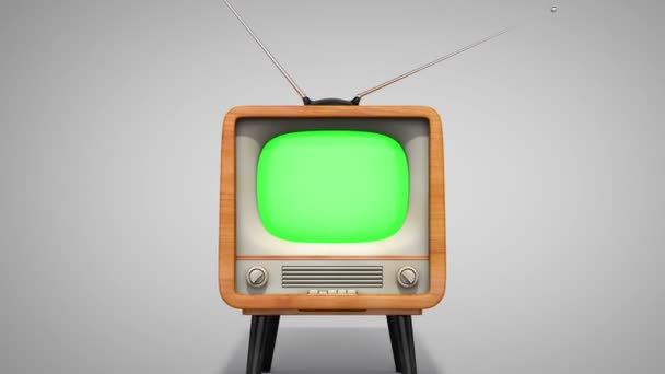 复古电视 伍登风格复古电视接收机与绿色屏风 相机变焦 您可以用视频或图片替换绿色屏幕 3D动画 有Alpha频道 — 图库视频影像