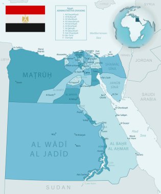Mısır idari birimlerinin mavi-yeşil detaylı haritası. Ülke bayrağı ve dünya üzerindeki konumu. Vektör illüstrasyonu