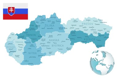 Slovakya idari mavi-yeşil haritası. Üzerinde ülke bayrağı ve bir dünya üzerinde konumu var. Vektör illüstrasyonu