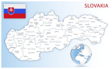 Mavi bir kürede ülke bayrağı ve konumu olan ayrıntılı Slovakya idari haritası. Vektör illüstrasyonu
