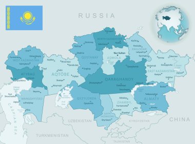 Kazakistan idari birimlerinin mavi-yeşil haritası. Ülke bayrağı ve dünya üzerindeki konumu. Vektör illüstrasyonu