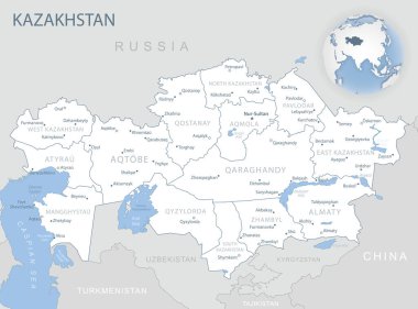 Kazakistan idari birimlerinin mavi-gri detaylı haritası ve dünya üzerindeki konumu. Vektör illüstrasyonu