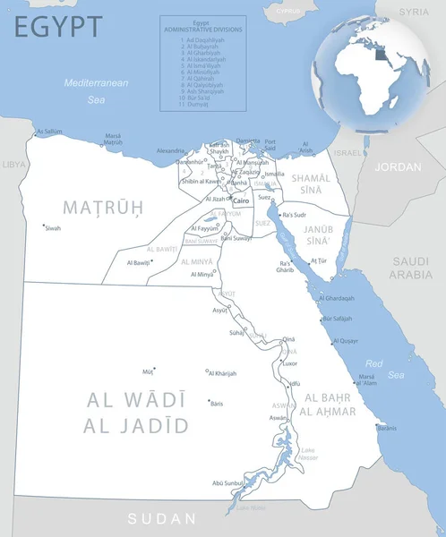 Blaugraue Detailkarte Der Ägyptischen Verwaltungseinheiten Und Der Lage Auf Dem — Stockvektor