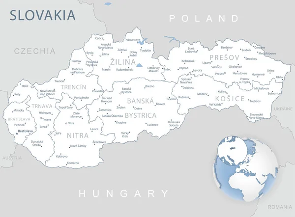 世界中のスロバキア行政区画や場所の青灰色の詳細な地図 ベクターイラスト — ストックベクタ