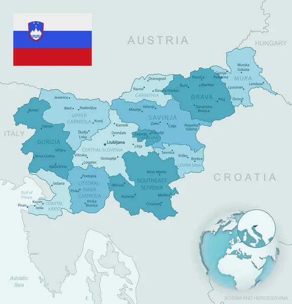 Mappa Dettagliata Blu Verde Delle Divisioni Amministrative Slovene Con Bandiera — Vettoriale Stock