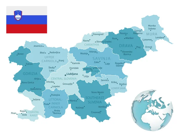 Eslovenia Mapa Administrativo Azul Verde Con Bandera Del País Ubicación — Vector de stock