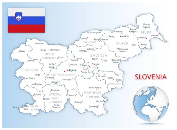 详细的斯洛文尼亚行政地图 上面有国旗和蓝色地球上的位置 矢量说明 — 图库矢量图片