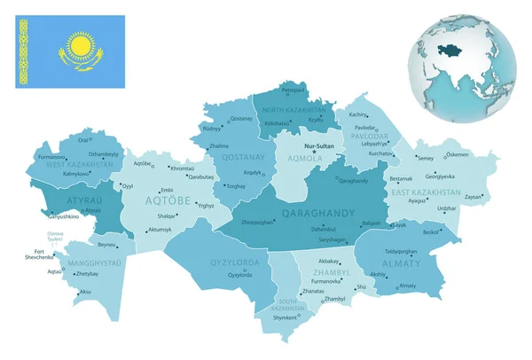 Kazajstán Mapa Administrativo Azul Verde Con Bandera Del País Ubicación — Archivo Imágenes Vectoriales