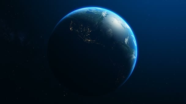 Темная Сторона Земли Освещена Солнцем Яркими Городскими Огнями Анимация Подробной — стоковое видео