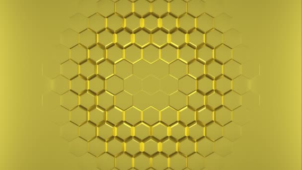 Superficie geométrica de hexágonos dorados abstractos, movimiento desde el centro, fondo de vibraciones . — Vídeos de Stock