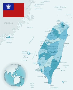 Tayvan idari bölümlerinin mavi-yeşil detaylı haritası. Ülke bayrağı ve dünya üzerindeki konumu..