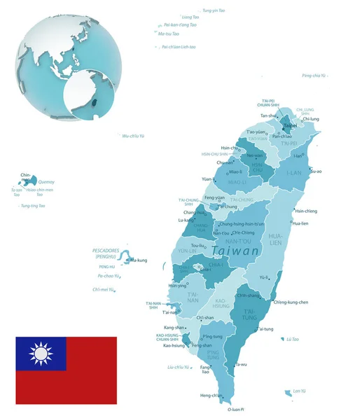 Taiwan administrative blue-green map with country flag and location on a globe. — Stock Vector