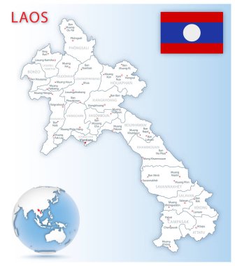 Mavi bir dünya üzerinde ülke bayrağı ve konumu olan ayrıntılı Laos idari haritası.