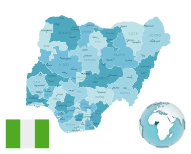 Nijerya idari mavi-yeşil haritası ülke bayrağı ve bir dünya üzerinde konumu.
