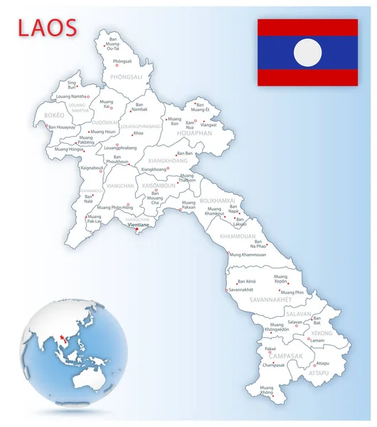 Mapa administrativo detallado de Laos con bandera del país y ubicación en un globo azul . — Vector de stock