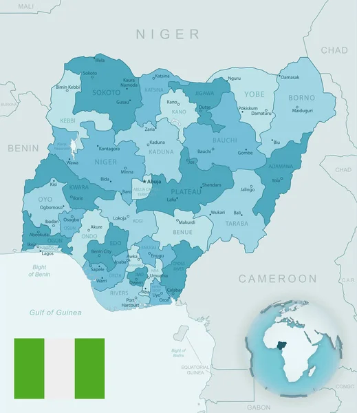 Mapa detallado azul-verde de las divisiones administrativas de Nigeria con bandera del país y ubicación en el mundo . — Vector de stock