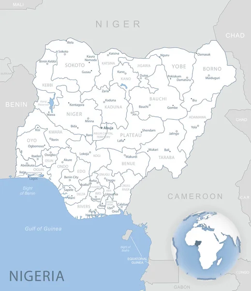 Mapa detallado azul-gris de las divisiones administrativas de Nigeria y la ubicación en el mundo . — Vector de stock