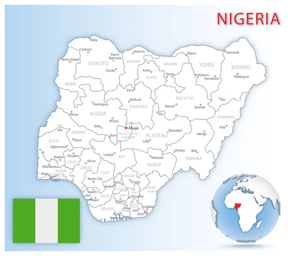 Mapa administrativo detallado de Nigeria con bandera del país y ubicación en un globo azul . — Vector de stock