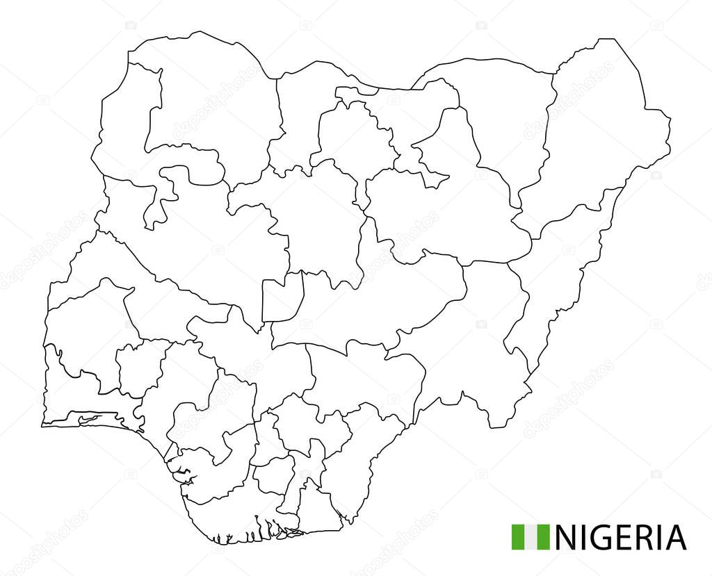 Nigeria map, black and white detailed outline regions of the country.