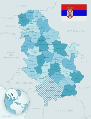 Sırbistan 'ın ülke bayrağı ve dünya üzerindeki konumuyla ilgili idari bölümlerinin mavi-yeşil ayrıntılı haritası. Vektör illüstrasyonu