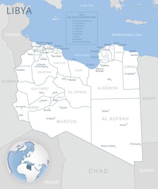 Libya idari birimlerinin mavi-gri detaylı haritası ve dünya üzerindeki konumu. Vektör illüstrasyonu