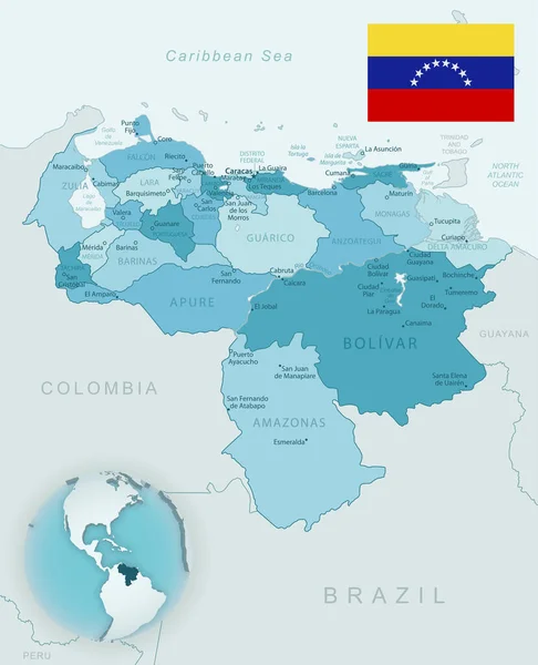 Сине Зеленая Подробная Карта Административного Деления Венесуэлы Флагом Страны Расположением — стоковый вектор