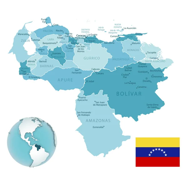 Venezuela Mapa Administrativo Azul Verde Con Bandera Del País Ubicación — Archivo Imágenes Vectoriales