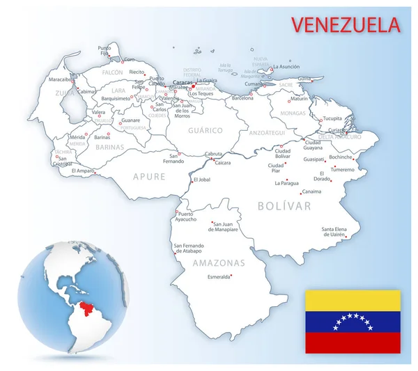 Mavi bir kürede, ülke bayrağı ve konumu olan detaylı Venezuela idari haritası. Vektör illüstrasyonu
