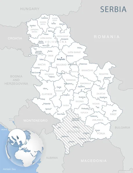 Blue Gray Mapa Detallado Las Divisiones Administrativas Serbia Ubicación Mundo — Archivo Imágenes Vectoriales