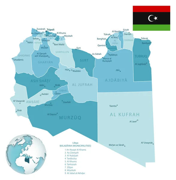 利比亚行政蓝绿色地图 有国旗和全球位置 矢量说明 — 图库矢量图片