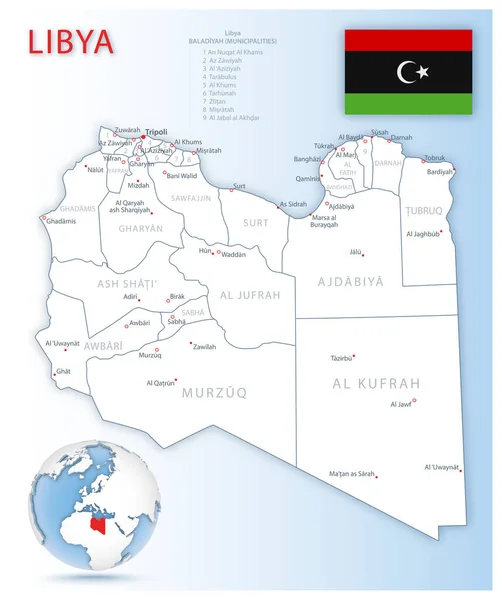 Mapa Administrativo Detalhado Líbia Com Bandeira País Localização Globo Azul — Vetor de Stock