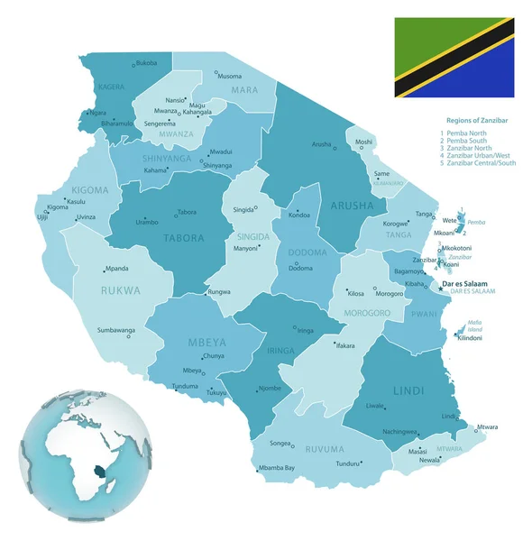 Tanzania Mapa Administrativo Azul Verde Con Bandera Del País Ubicación — Vector de stock