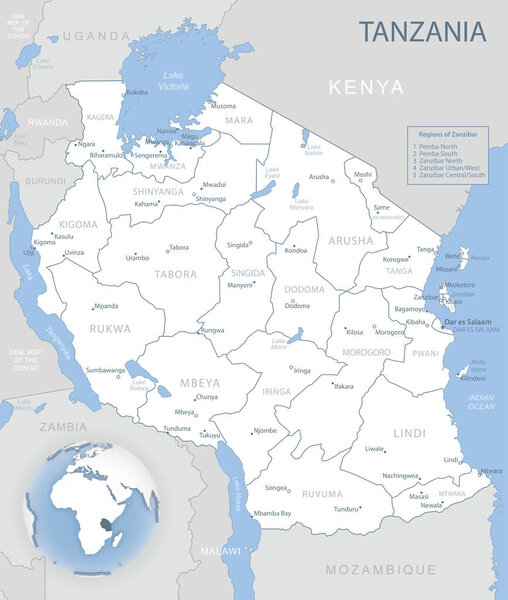 Голубовато-детальная карта административного деления Танзании и ее расположения на земном шаре. Векторная иллюстрация
