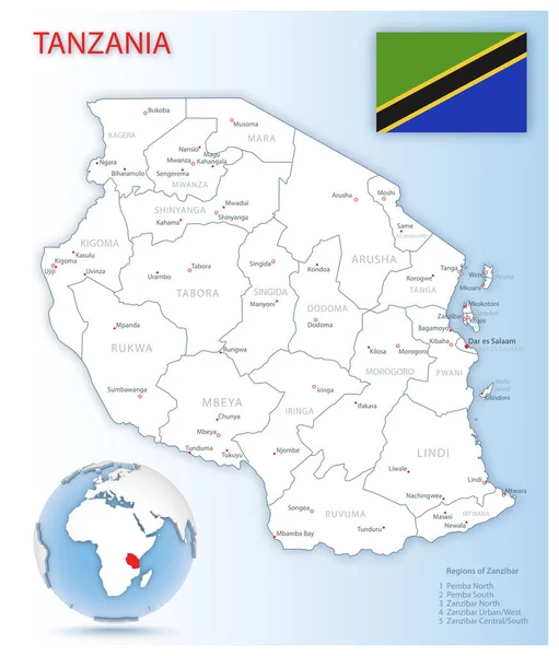 Mapa Administrativo Detallado Tanzania Con Bandera Del País Ubicación Globo — Vector de stock