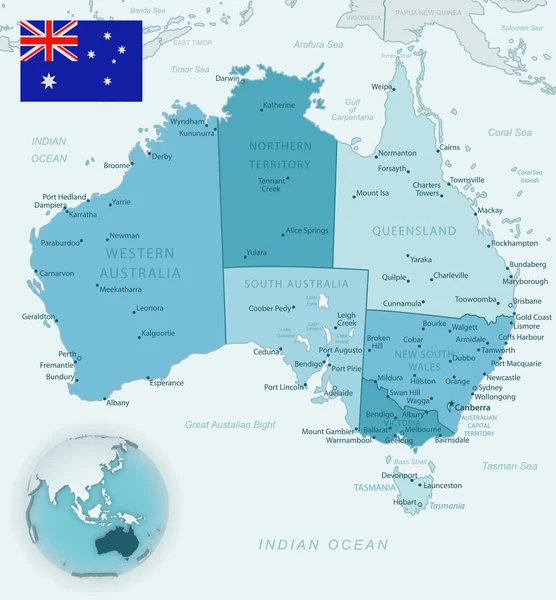 Carte Détaillée Bleu Vert Australie Des Divisions Administratives Avec Drapeau — Image vectorielle