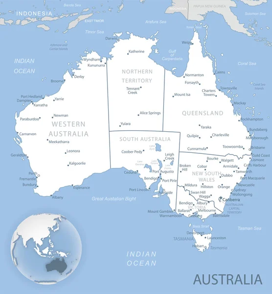 地球上のオーストラリアの行政区画と所在地の青灰色の詳細な地図 ベクターイラスト — ストックベクタ