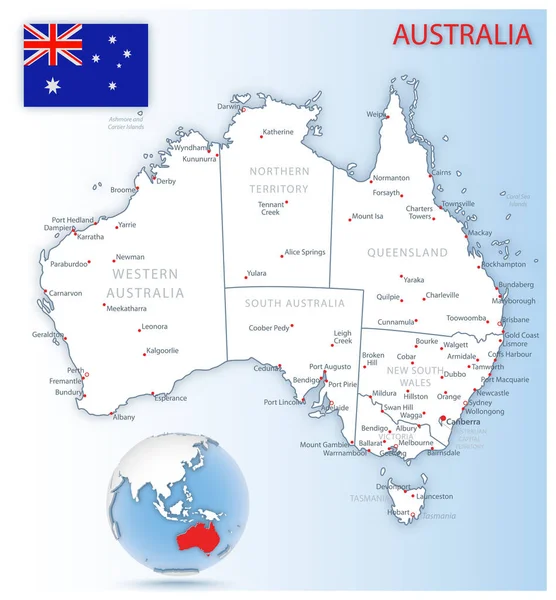 Mapa Administrativo Detallado Australia Con Bandera Del País Ubicación Globo — Vector de stock