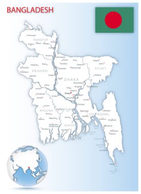 Bangladeş idari haritasında mavi bir küre üzerinde ülke bayrağı ve konumu var. Vektör illüstrasyonu