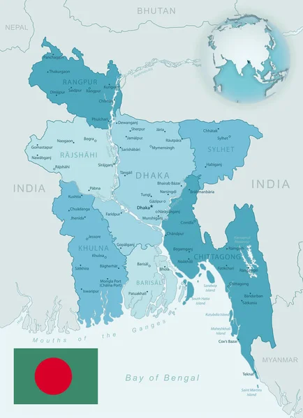 Mapa Detallado Azul Verde Las Divisiones Administrativas Bangladesh Con Bandera — Vector de stock