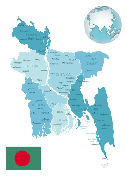 Mapa Administrativo Azul Verde Bangladesh Con Bandera Del País Ubicación — Vector de stock