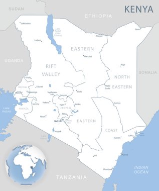 Kenya idari birimlerinin mavi-gri detaylı haritası ve dünyadaki konumu. Vektör illüstrasyonu