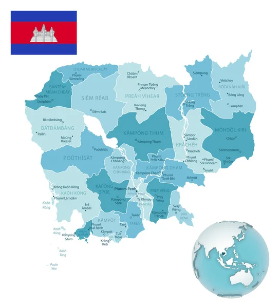 Административная Сине Зелёная Карта Камбоджи Флагом Страны Расположением Земном Шаре — стоковый вектор