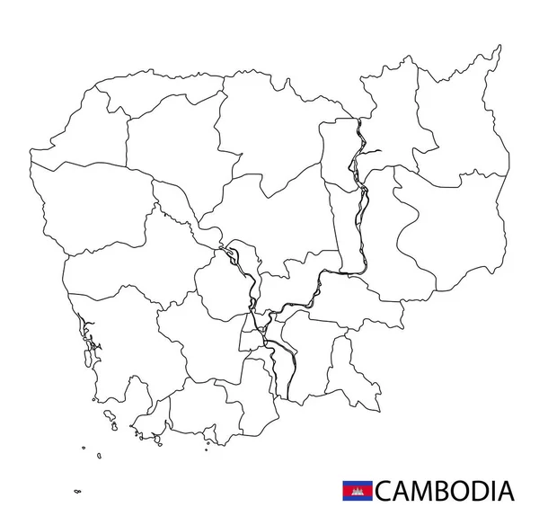 Mapa Camboja Preto Branco Detalham Regiões País Ilustração Vetorial —  Vetores de Stock
