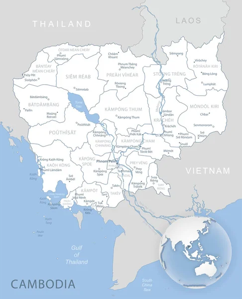 Niebiesko Szara Szczegółowa Mapa Podziałów Administracyjnych Kambodży Lokalizacji Świecie Ilustracja — Wektor stockowy