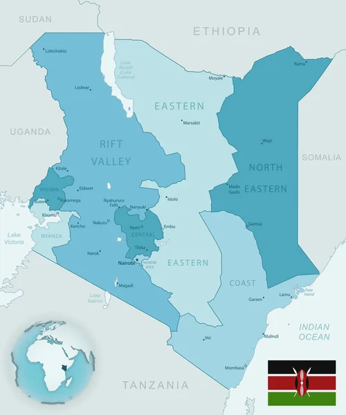 Mapa Detallado Azul Verde Las Divisiones Administrativas Kenia Con Bandera — Vector de stock