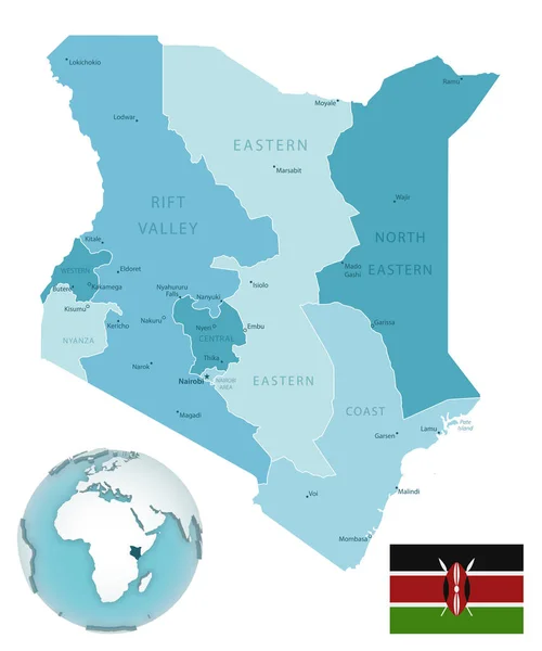 Kenya Idari Mavi Yeşil Haritası Ülke Bayrağı Bir Dünya Üzerinde — Stok Vektör