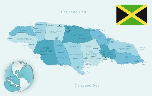 牙买加行政区划蓝绿色详细地图 附有国旗和全球位置 矢量说明 — 图库矢量图片