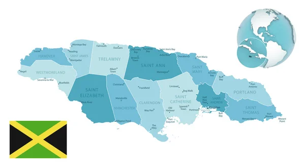 Jamaica Mapa Administrativo Azul Verde Con Bandera Del País Ubicación — Vector de stock
