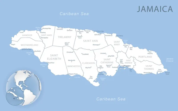 Kék Szürke Részletes Térképet Jamaica Közigazgatási Egységek Helyét Világon Vektorillusztráció — Stock Vector
