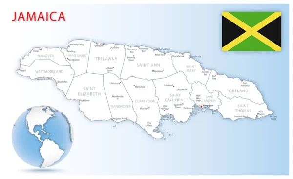 Gedetailleerde Jamaica Administratieve Kaart Met Landvlag Locatie Een Blauwe Wereldbol — Stockvector